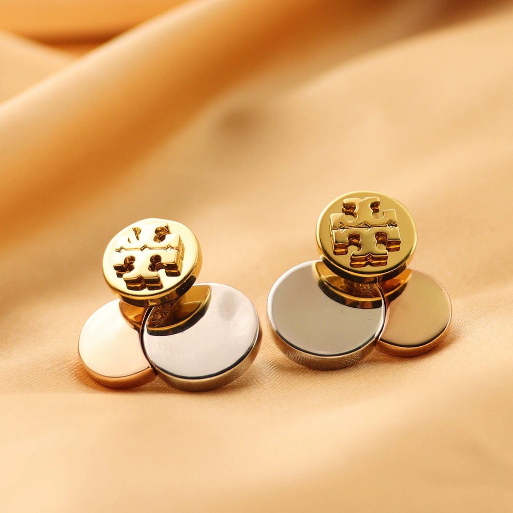 Tory Burch Gold Plated Copper Round Two Tone Stud Earrings Classic Logo